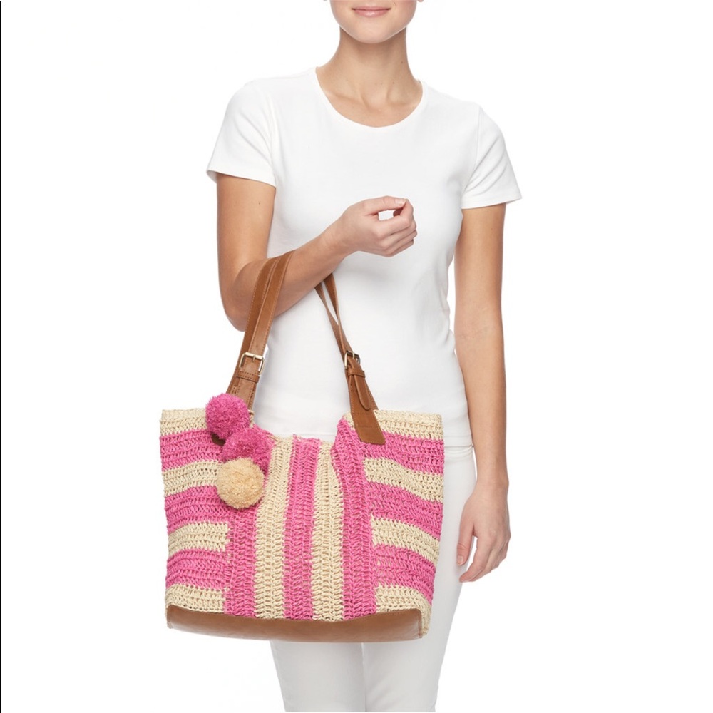 Sonoma Straw Pom-Pom Hobo Bag Pink New - Picture 4 of 7